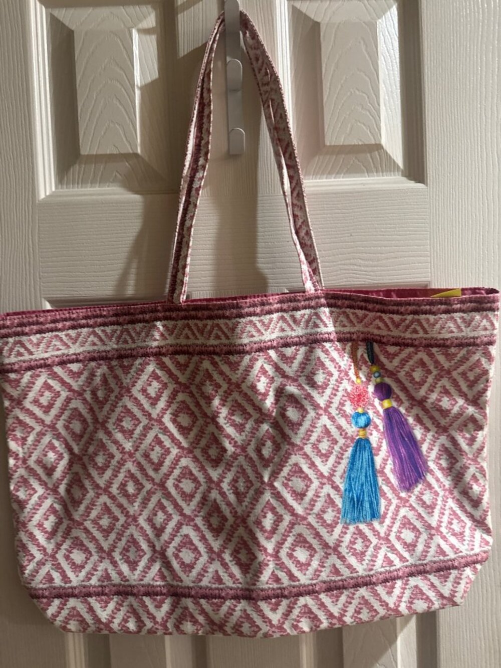 Estee Lauder Pink Grid Pattern Cotton Fabric Beach Bag Large Tote